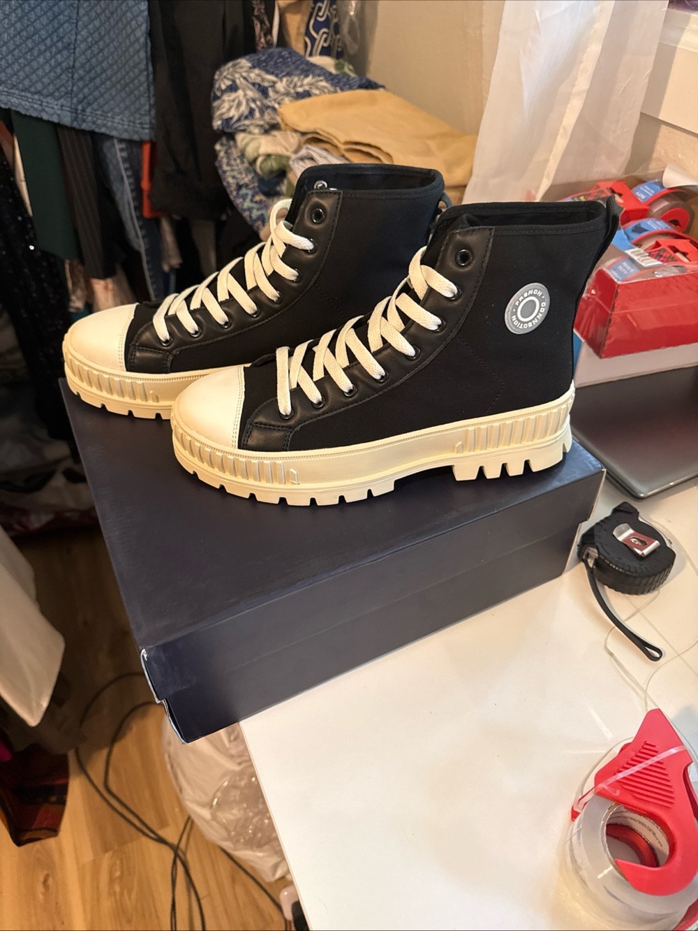 French Connection Black canvas High-Top Sneakers with Cream Sole size 8 NIB